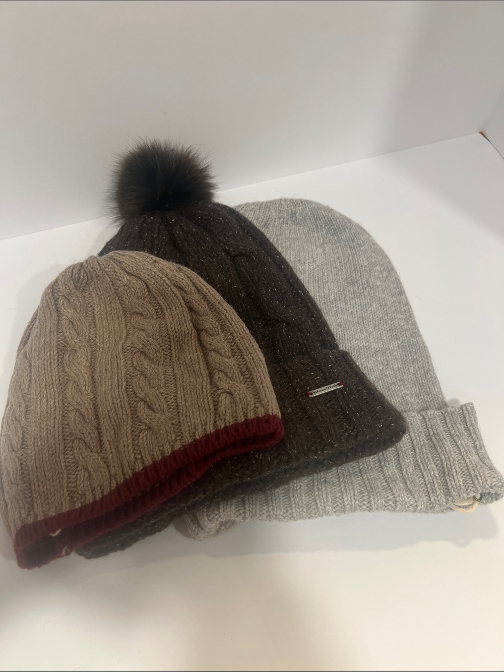 Three Knit Beanie Lot - Taupe, Dark Brown, Light Gray